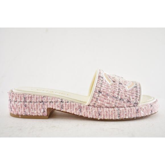 Chanel 20P Pink White Tweed Mesh CC Logo Slide Slip On Sandal Mule Heel Flat 36 - Picture 2 of 15